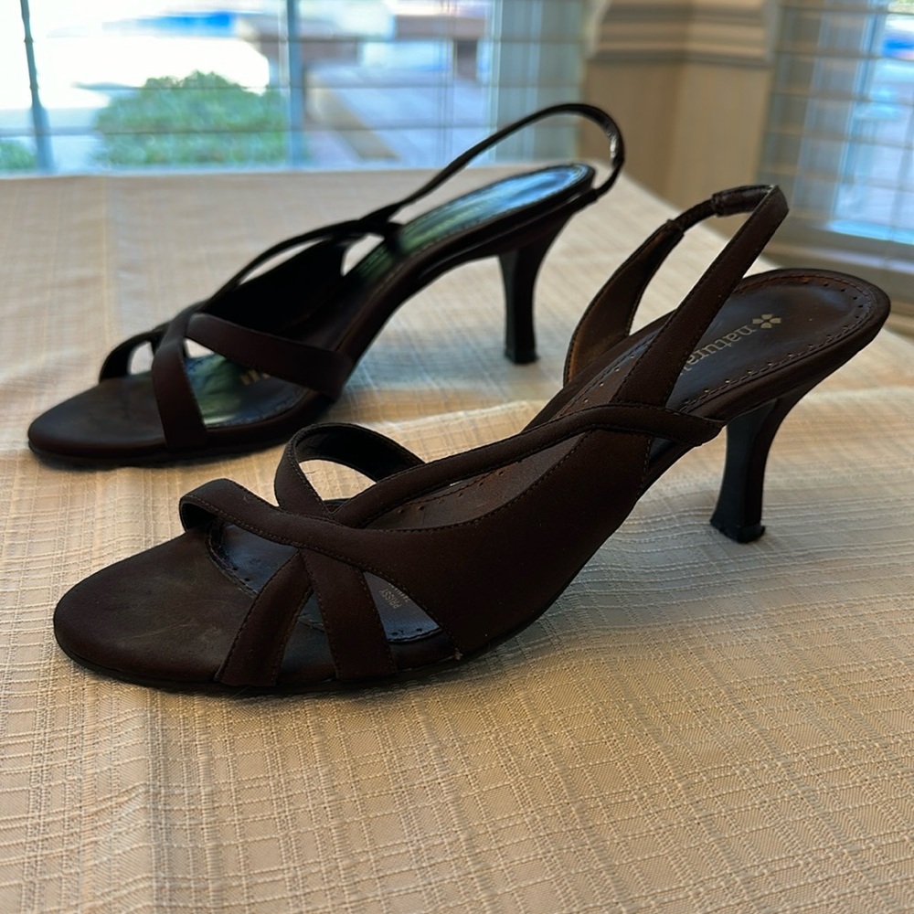 Neutralizer, Brown Satin, Slingback Heels, 3” heel, size 8m